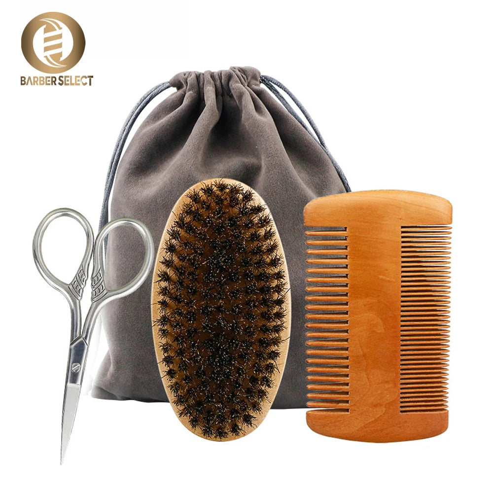 Boar Bristle Wood Beard Brush Kits With Gift Bag